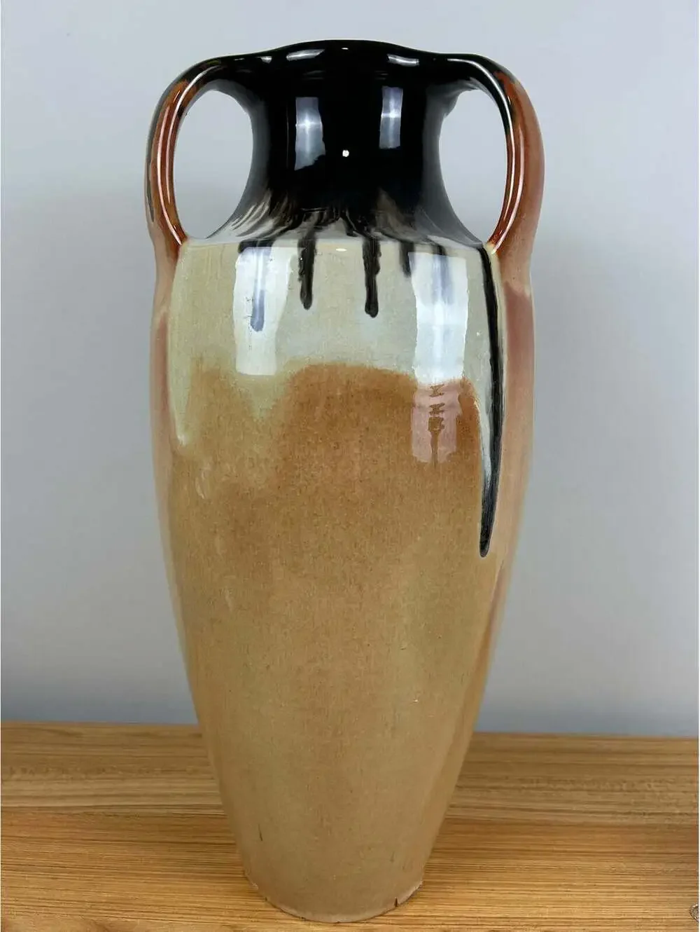 American Art Pottery Orange Black Peachskin Triple Handled Large 18